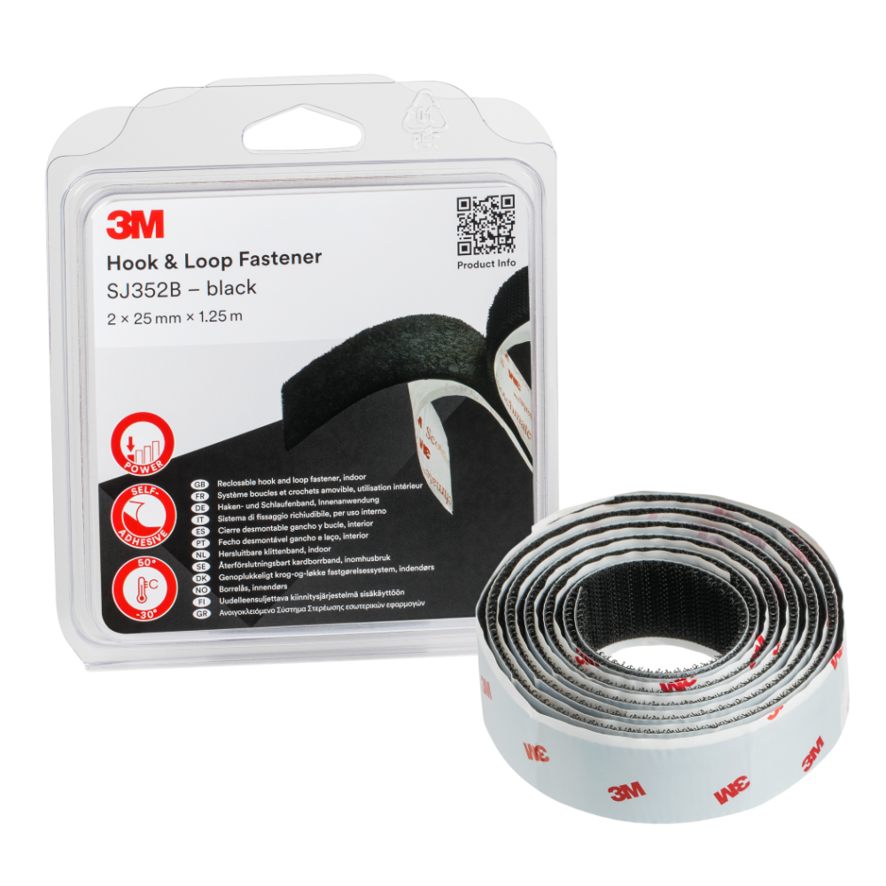 3M SJ3520B Rzep przemysłowy typu haczyk-pętelka czarny 25 mm x 1,25 m