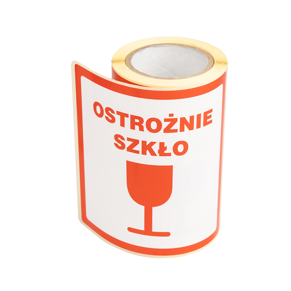 Etykiety z nadrukiem "Ostrożnie szkło" 100x100mm, 100 szt.