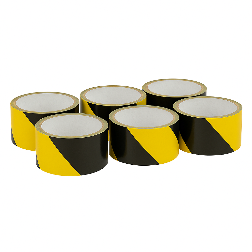 Czarno-żółta taśma ostrzegawcza PVC solvent 50 mm x 33 m